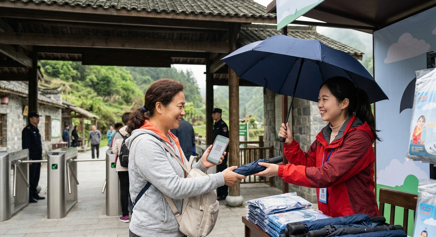 旅游景区检票口外围拉新：雨伞雨衣免费领换下载，这门生意怎么做